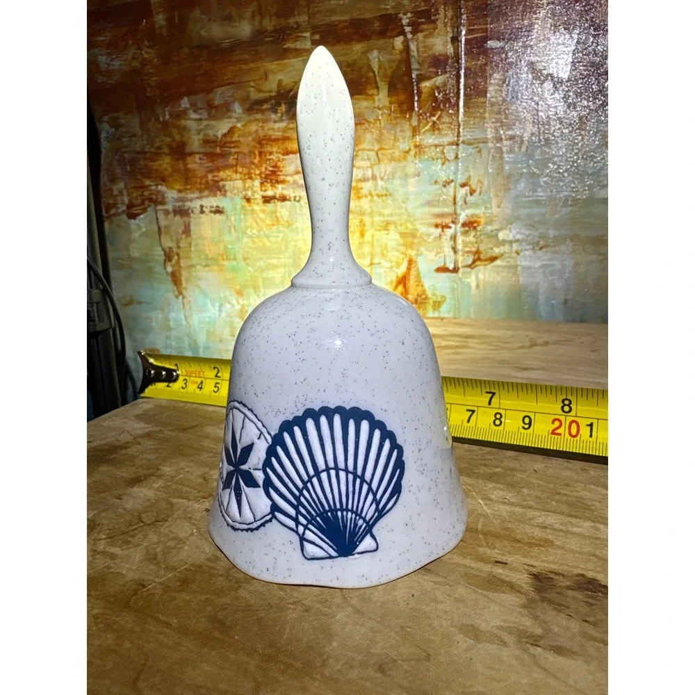 Vintage Coastal Ceramic Dinner Bell Blue Seashell Speckled White